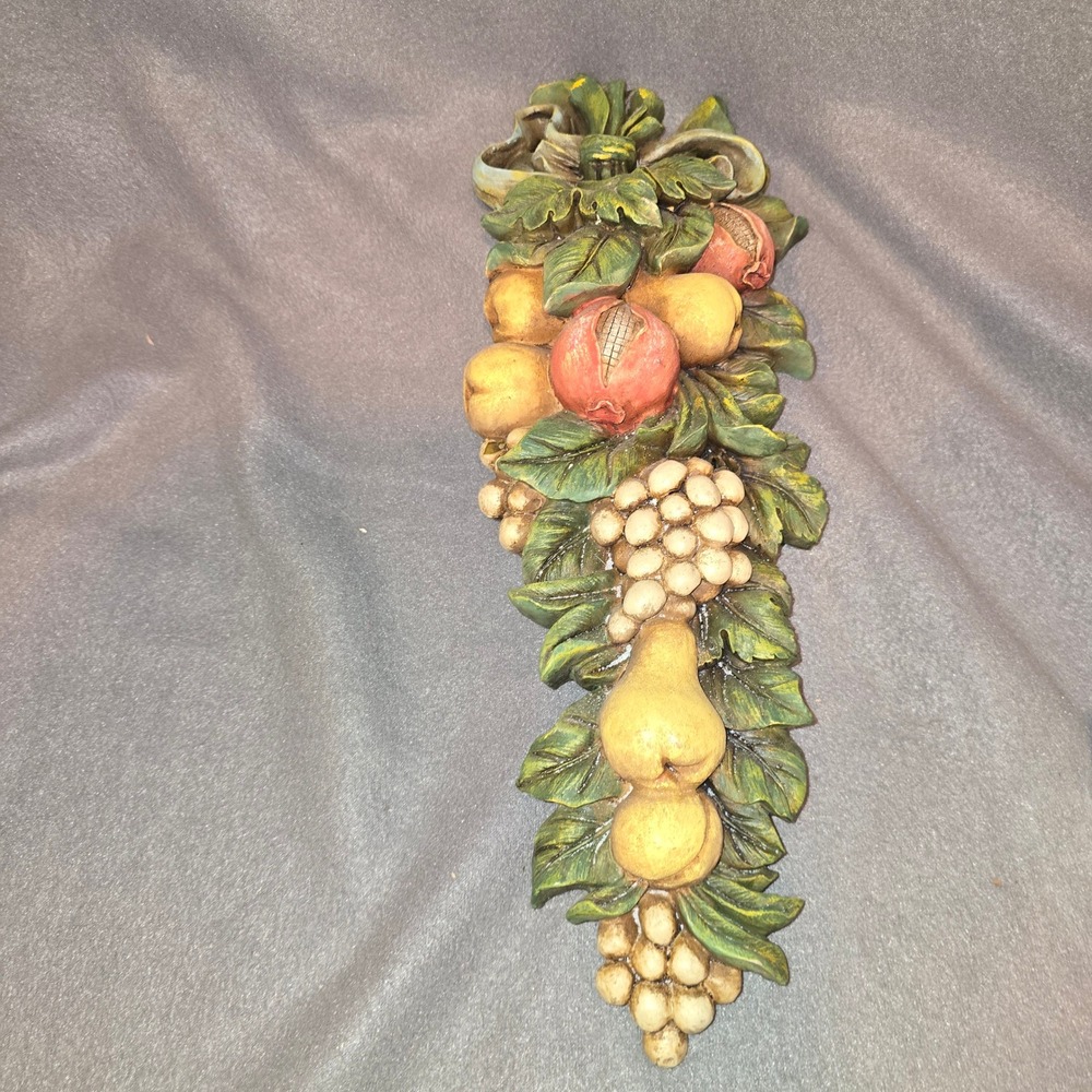 Vintage Fruit Swag Wall Plaque Pomegranate Grapes Pear Tuscan Kitchen Decor 16in